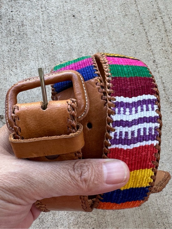 Accessories - Brown Leather & Multicolor Cotton Ikat Fabric Boho Belt Size: Medium